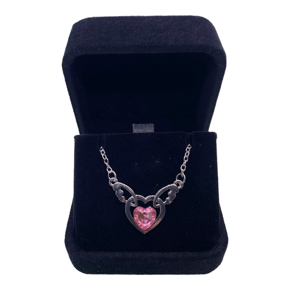 Imitation Light Pink Rhinestone Gemstone Angel Wings Heart Necklace - Picture 3 of 9